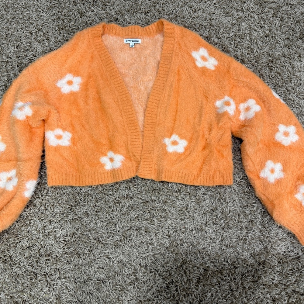 Pretty Garbage cropped flowered, fuzzy cardigan